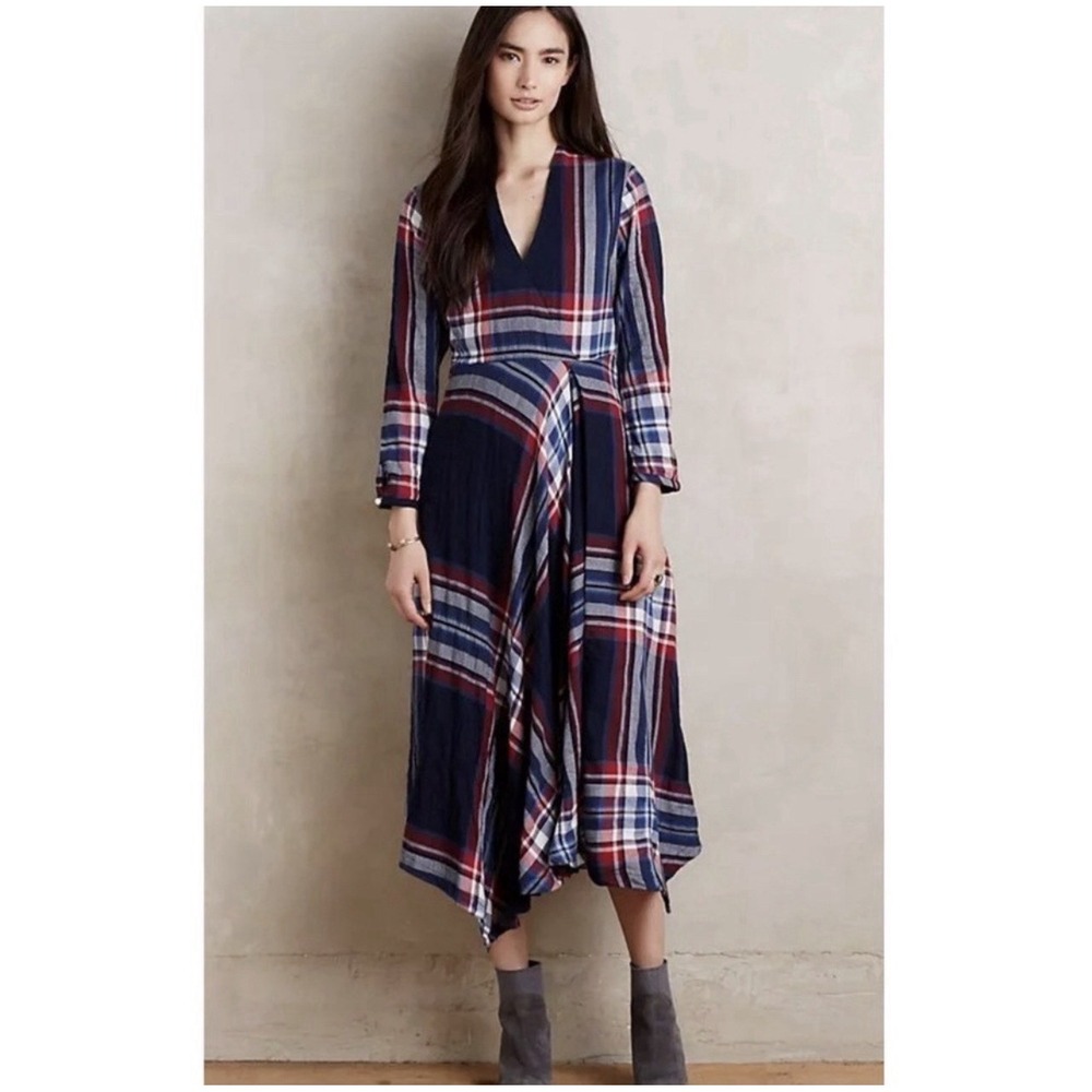 Isabella Sinclair Anthropologie Tartan Plaid Midi Dress Sz XS Navy Red Patriotic